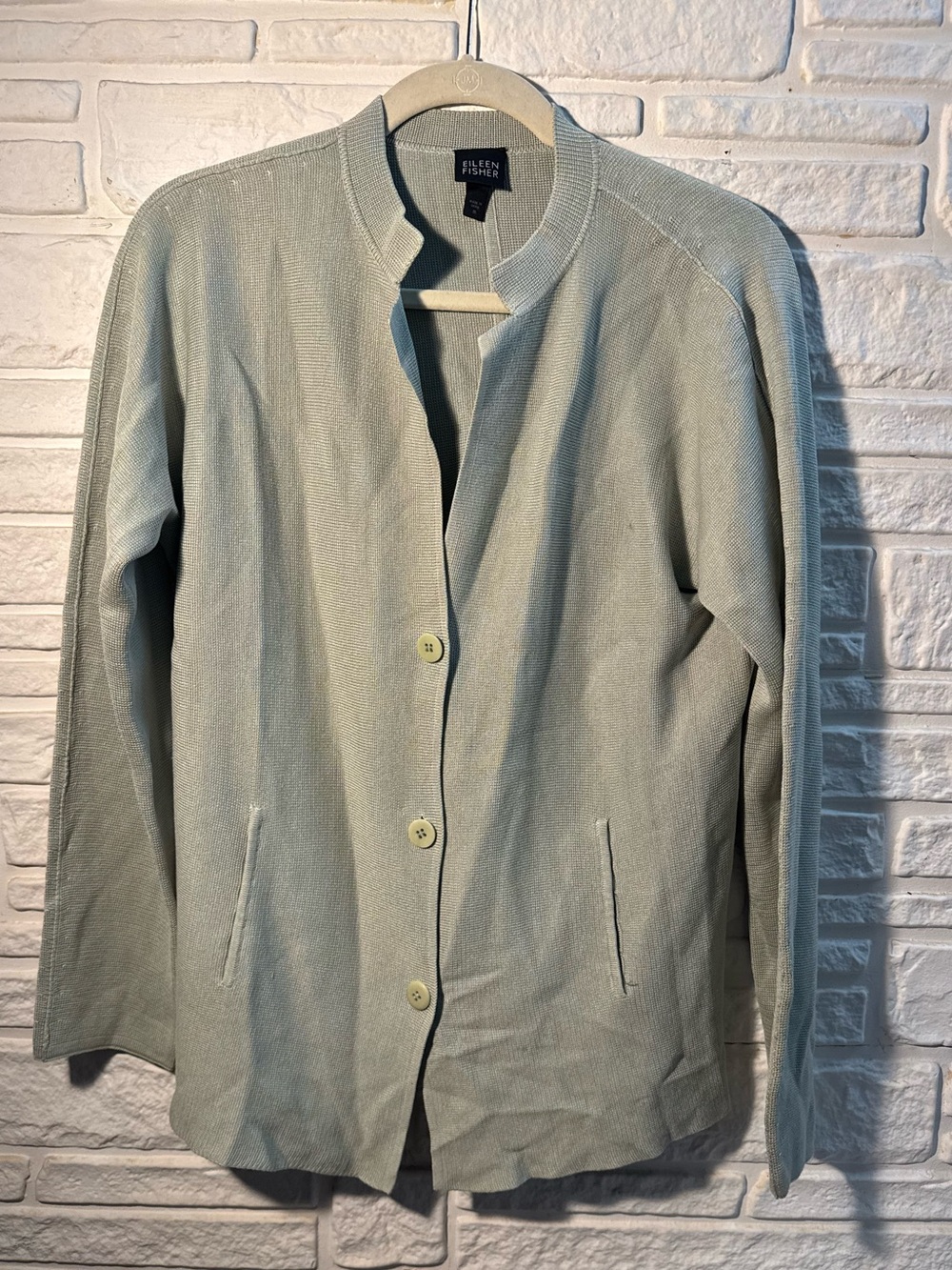 Eileen Fisher Light Sage Mint Green Button-Front Knit Sweater